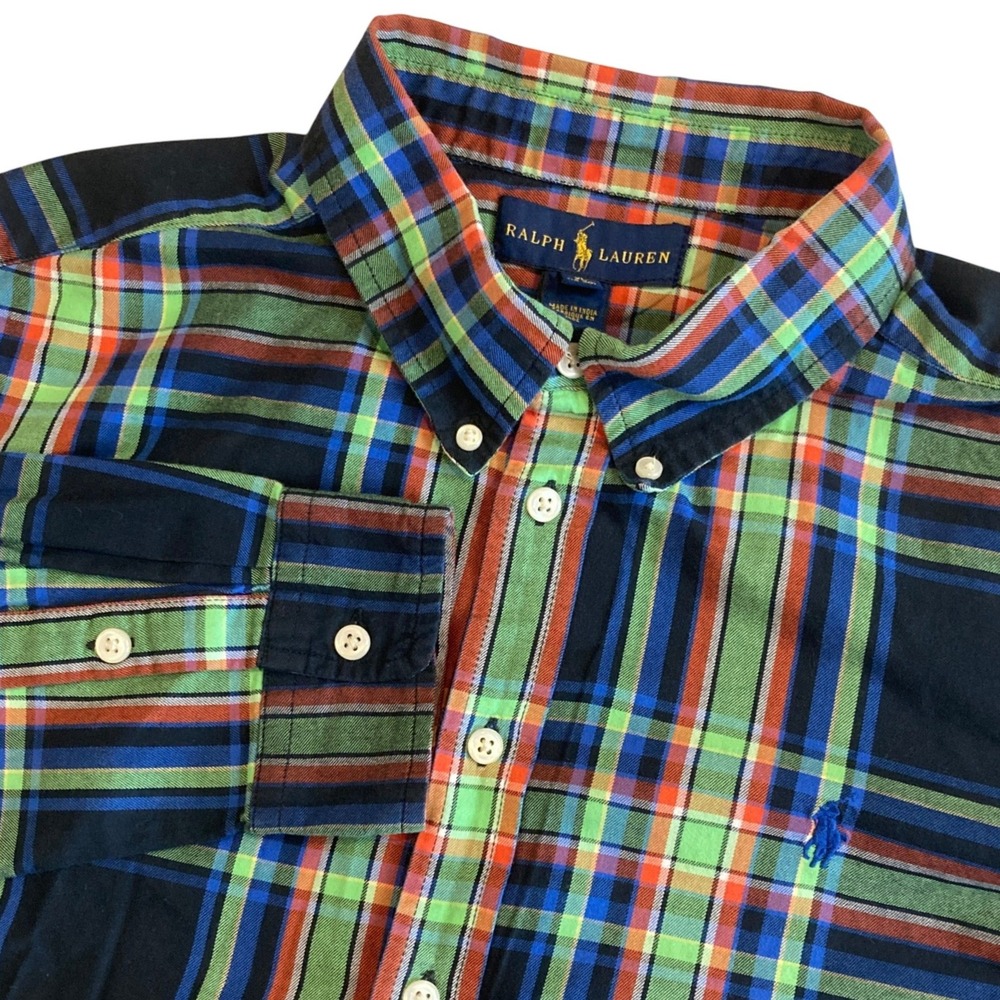 Ralph Lauren Boys XL 18-20 Plaid Button Down Shirt Green Blue Orange Long Sleeve